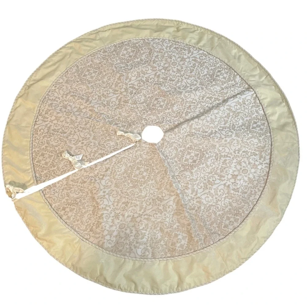Cream Gold Damask Brocade Christmas Tree Skirt 58in Elegant Holiday Decor Large